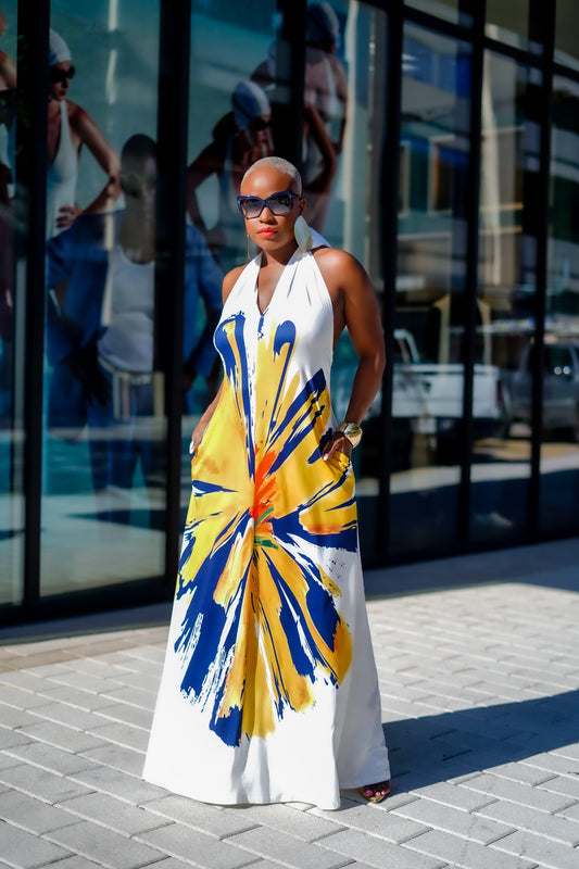 Painted Flower Halter Knit Maxi Dress (White)