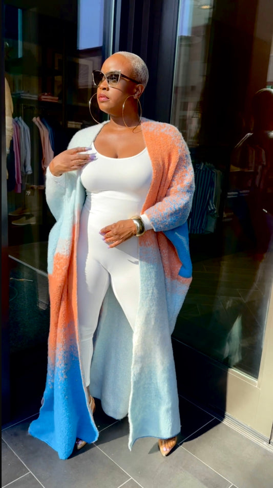 Oversized Open Front Poncho Sweater (Peach/Baby Blue Mix)--Will Ship The Week Of 11/10/25