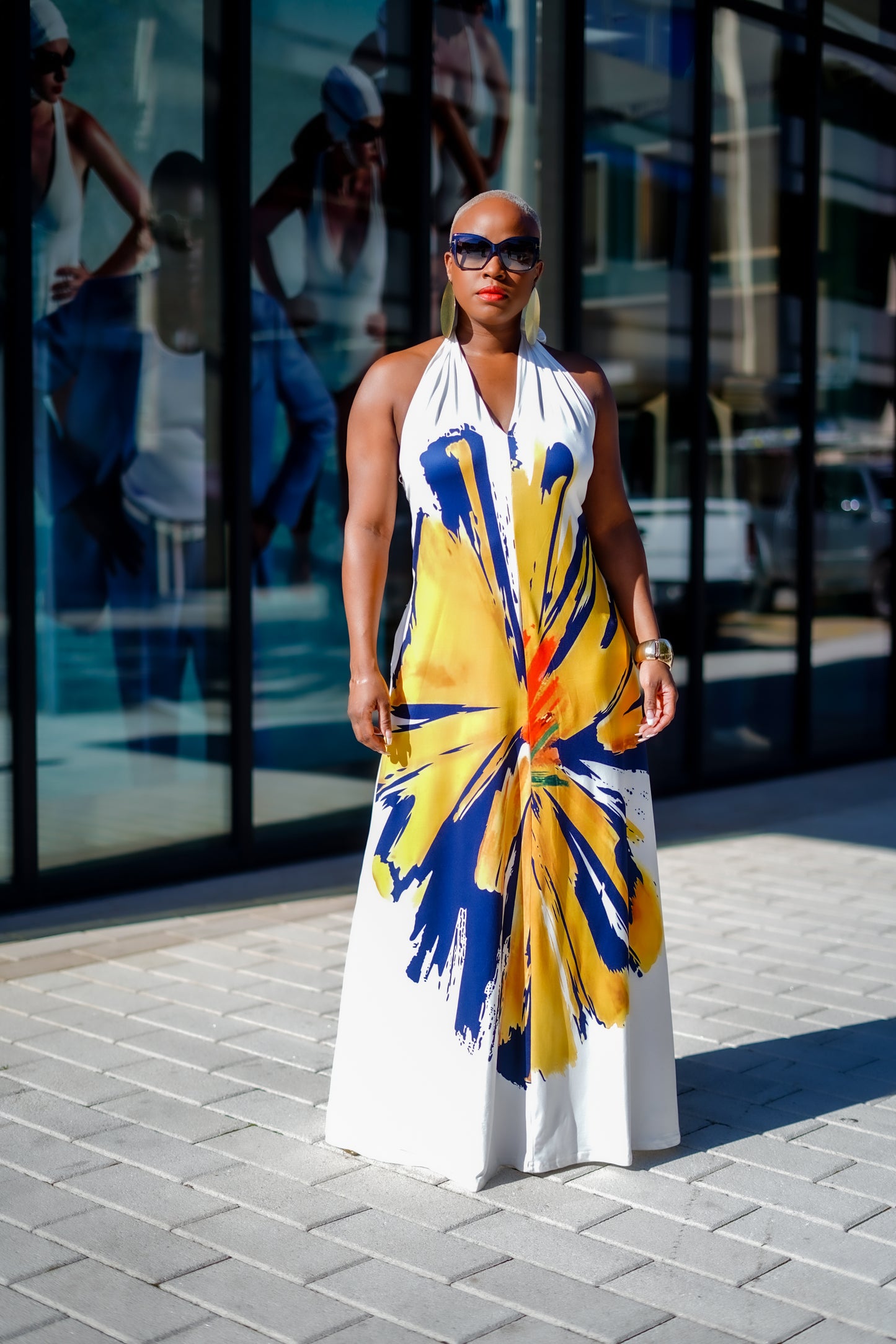 Painted Flower Halter Knit Maxi Dress (White)