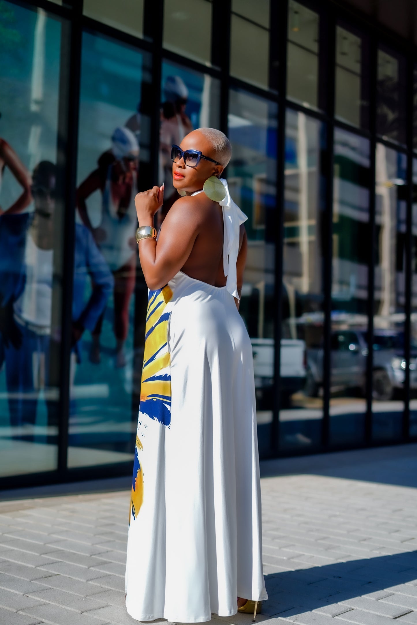 Painted Flower Halter Knit Maxi Dress (White)