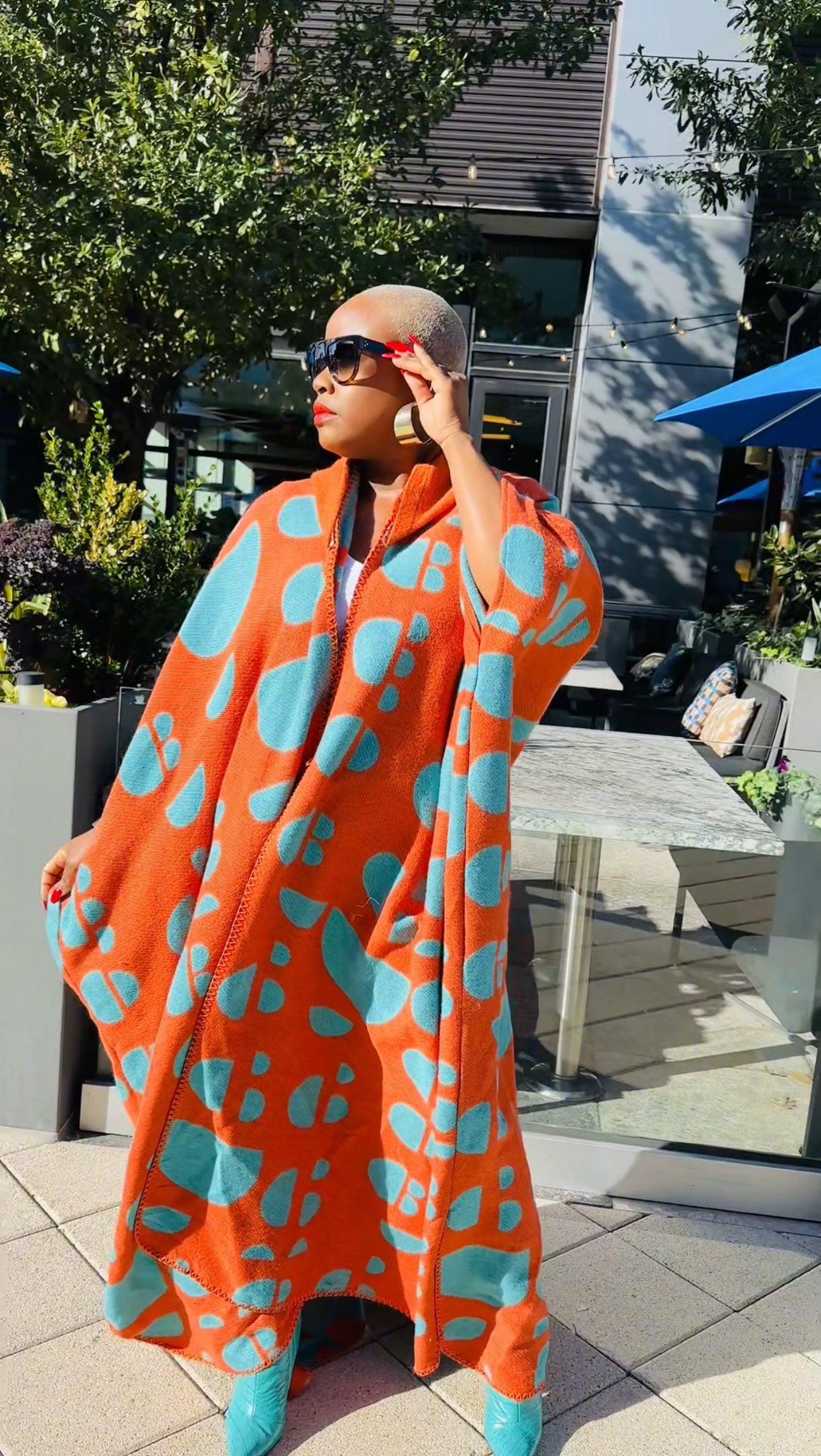 Hooded Oversized Open Front Winter Cardigan (Orange/Teal Spotted Print)--Will Ship The Week Of 4/28/25