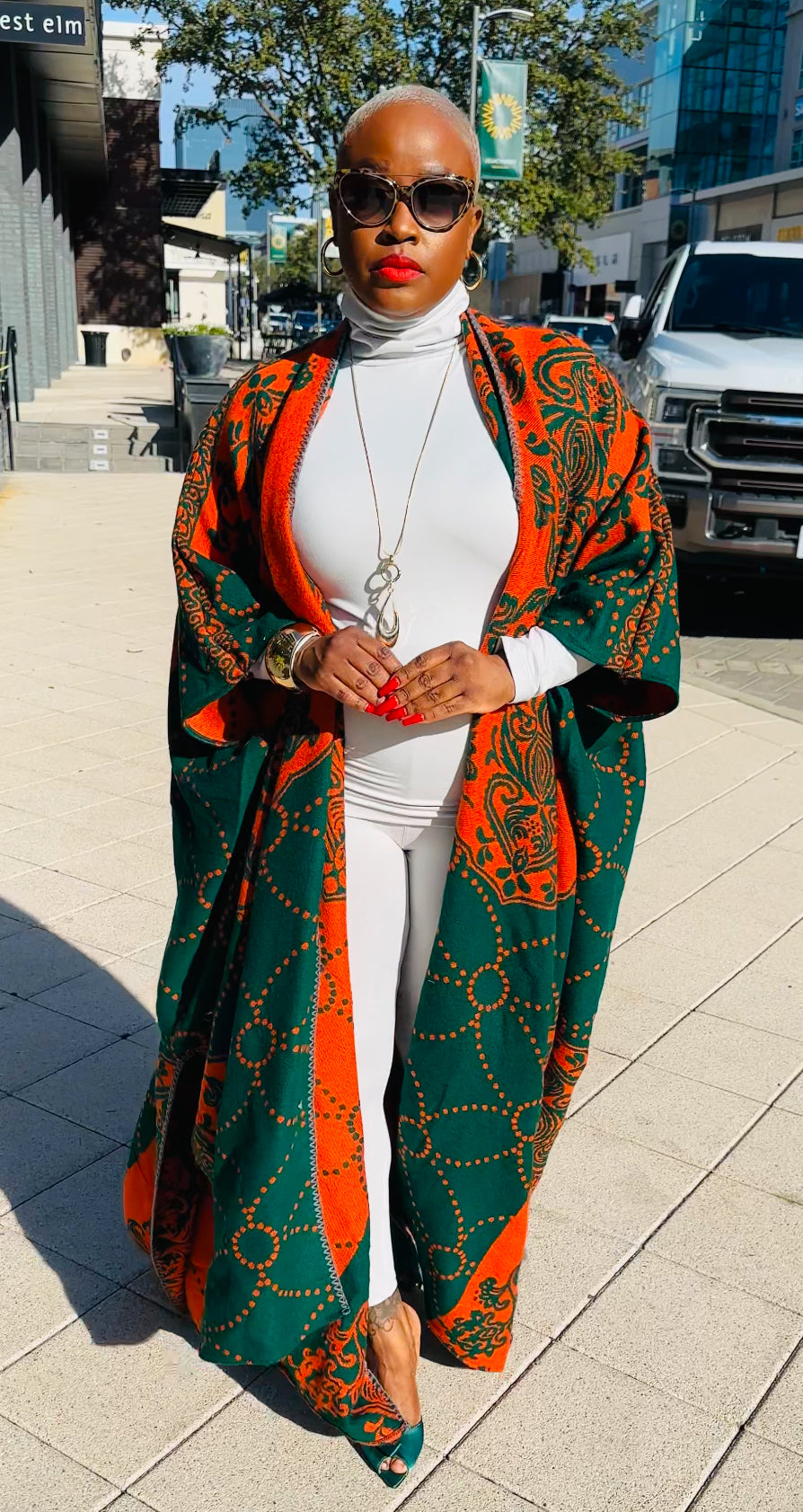 Oversized Open Front Winter Cardigan (Orange/Hunter Green Damask Print)--Will Ship The Week Of 4/28/25