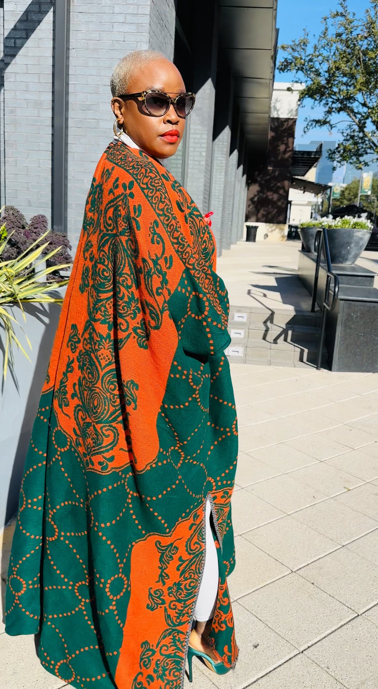 Oversized Open Front Winter Cardigan (Orange/Hunter Green Damask Print)--Will Ship The Week Of 4/28/25