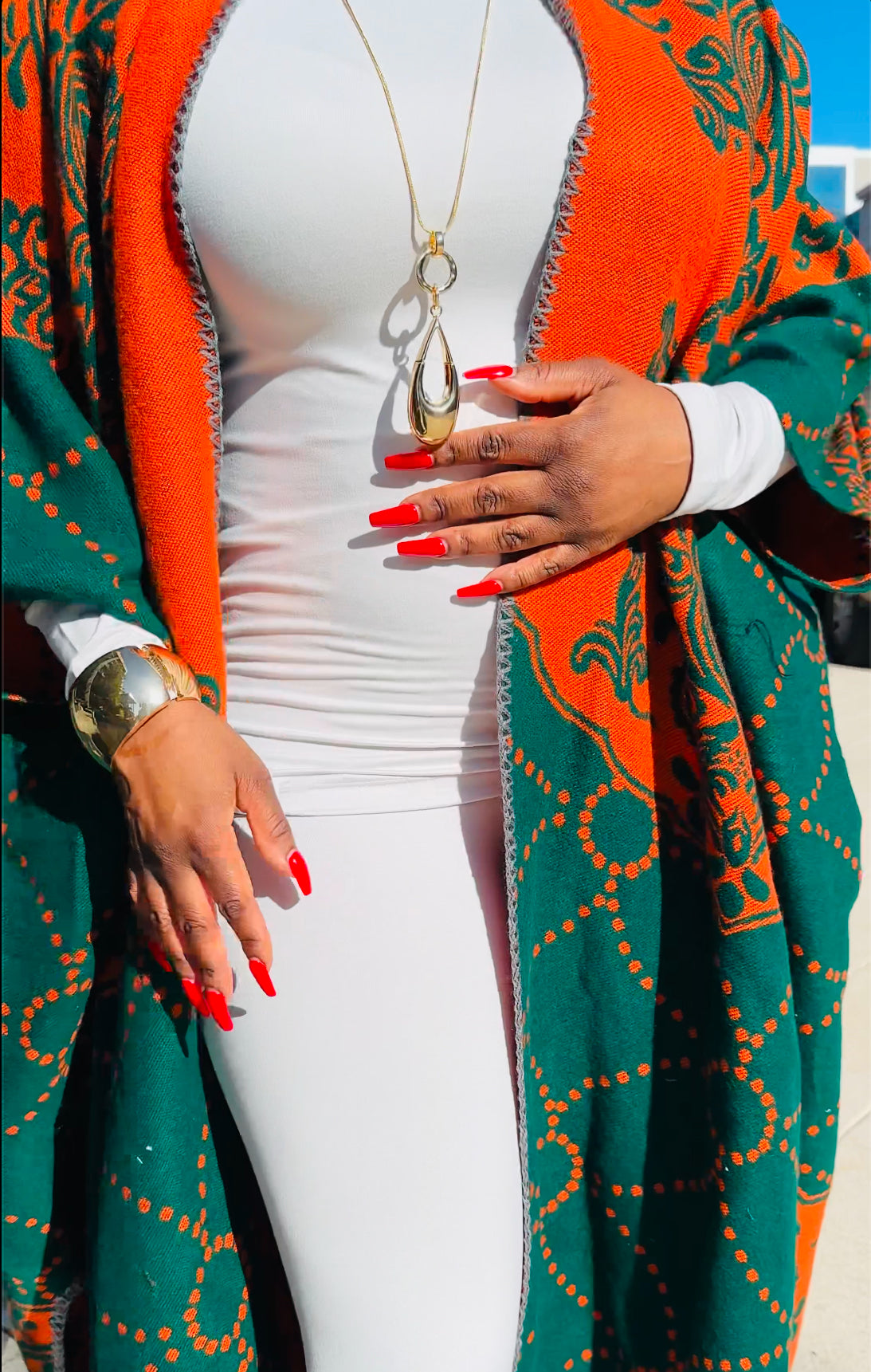 Oversized Open Front Winter Cardigan (Orange/Hunter Green Damask Print)--Will Ship The Week Of 4/28/25