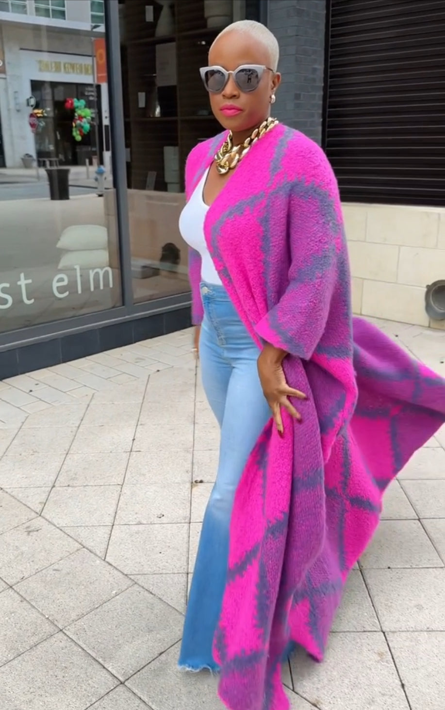 Oversized Open Front Poncho Sweater (Grey Fuchsia)--Will Ship The Week Of 10/13/25