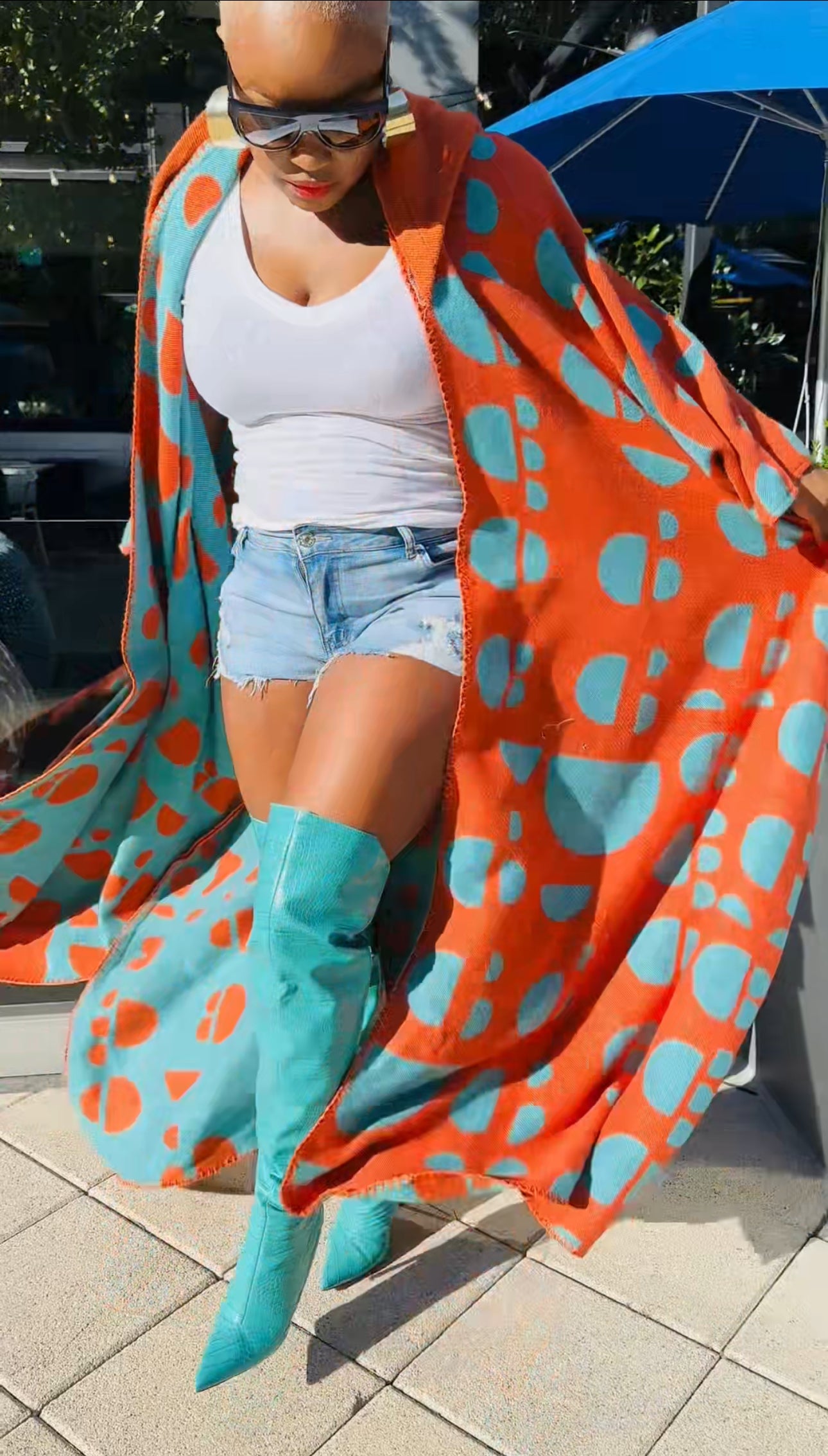 Hooded Oversized Open Front Winter Cardigan (Orange/Teal Spotted Print)--Will Ship The Week Of 4/28/25