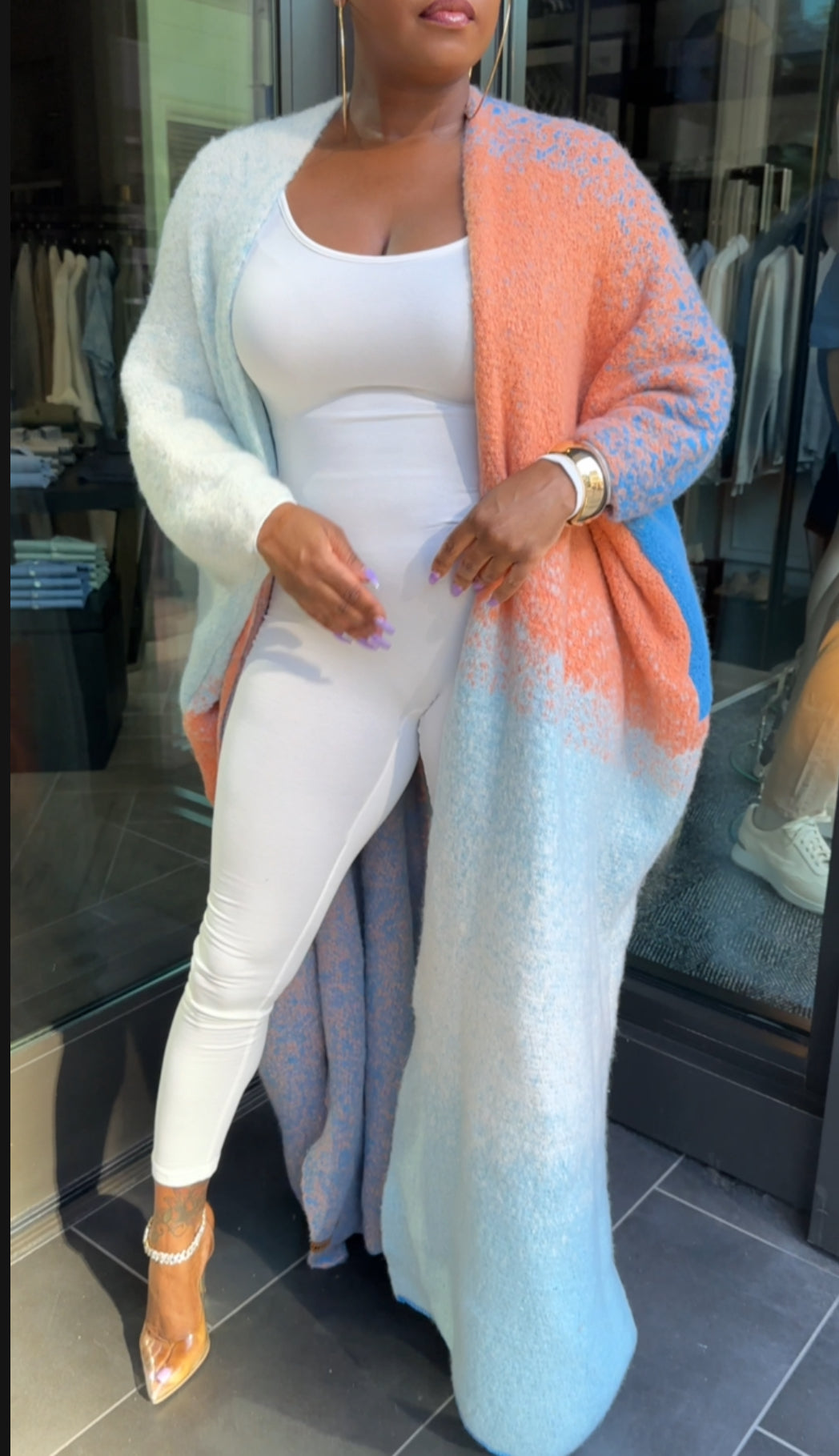 Oversized Open Front Poncho Sweater (Peach/Baby Blue Mix)--Will Ship The Week Of 4/28/25