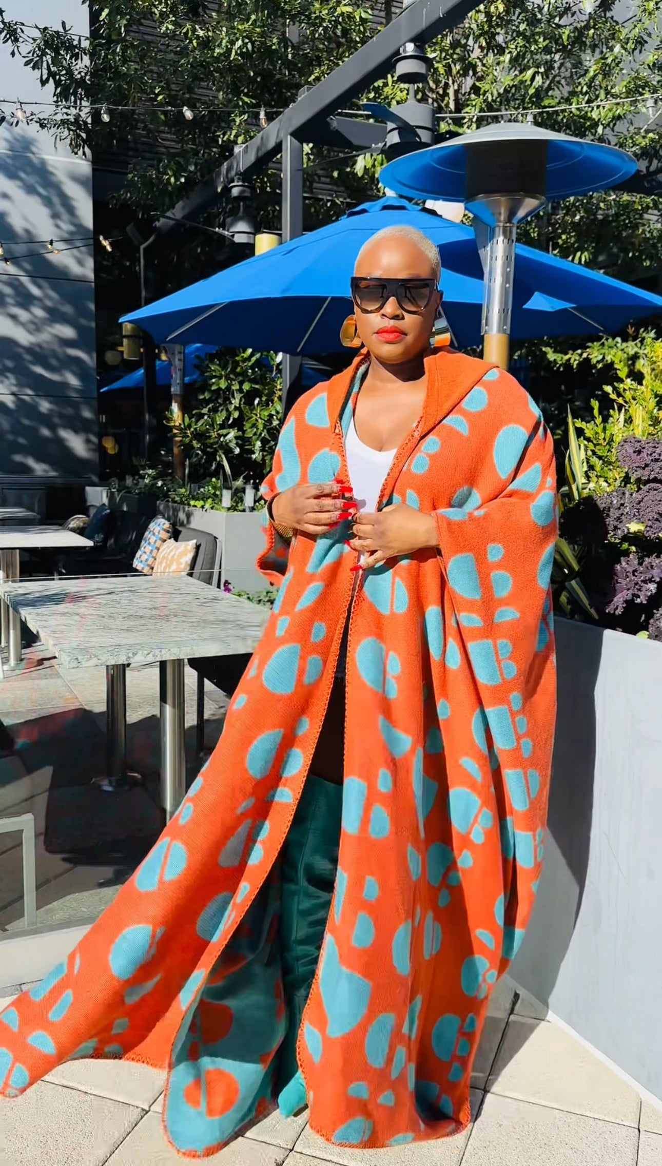 Hooded Oversized Open Front Winter Cardigan (Orange/Teal Spotted Print)--Will Ship The Week Of 4/28/25