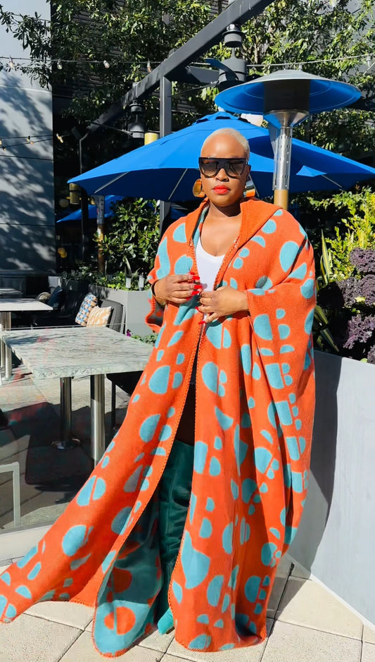 Hooded Oversized Open Front Winter Cardigan (Orange/Teal Spotted Print)--Will Ship The Week Of 11/10/25
