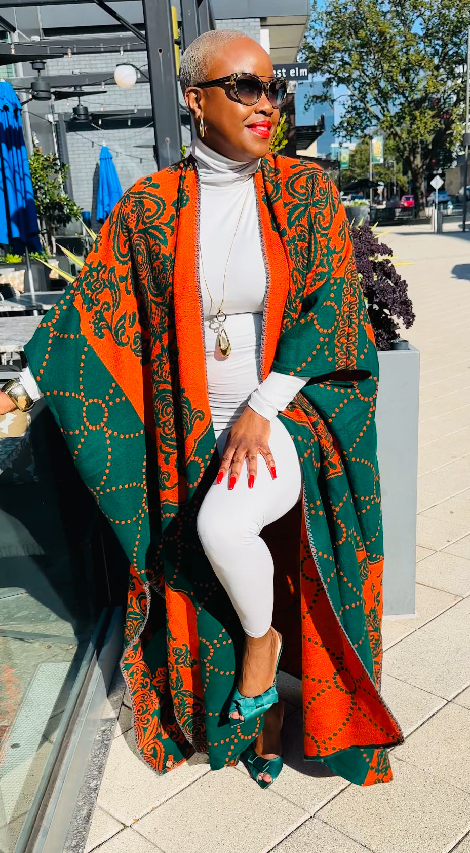 Oversized Open Front Winter Cardigan (Orange/Hunter Green Damask Print)--Will Ship The Week Of 4/28/25