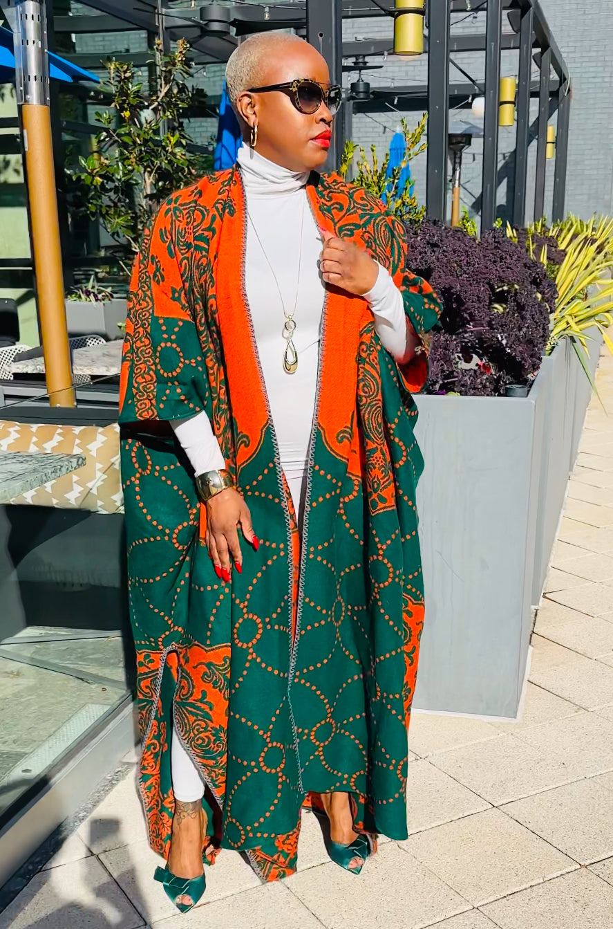 Oversized Open Front Winter Cardigan (Orange/Hunter Green Damask Print)--Will Ship The Week Of 4/28/25
