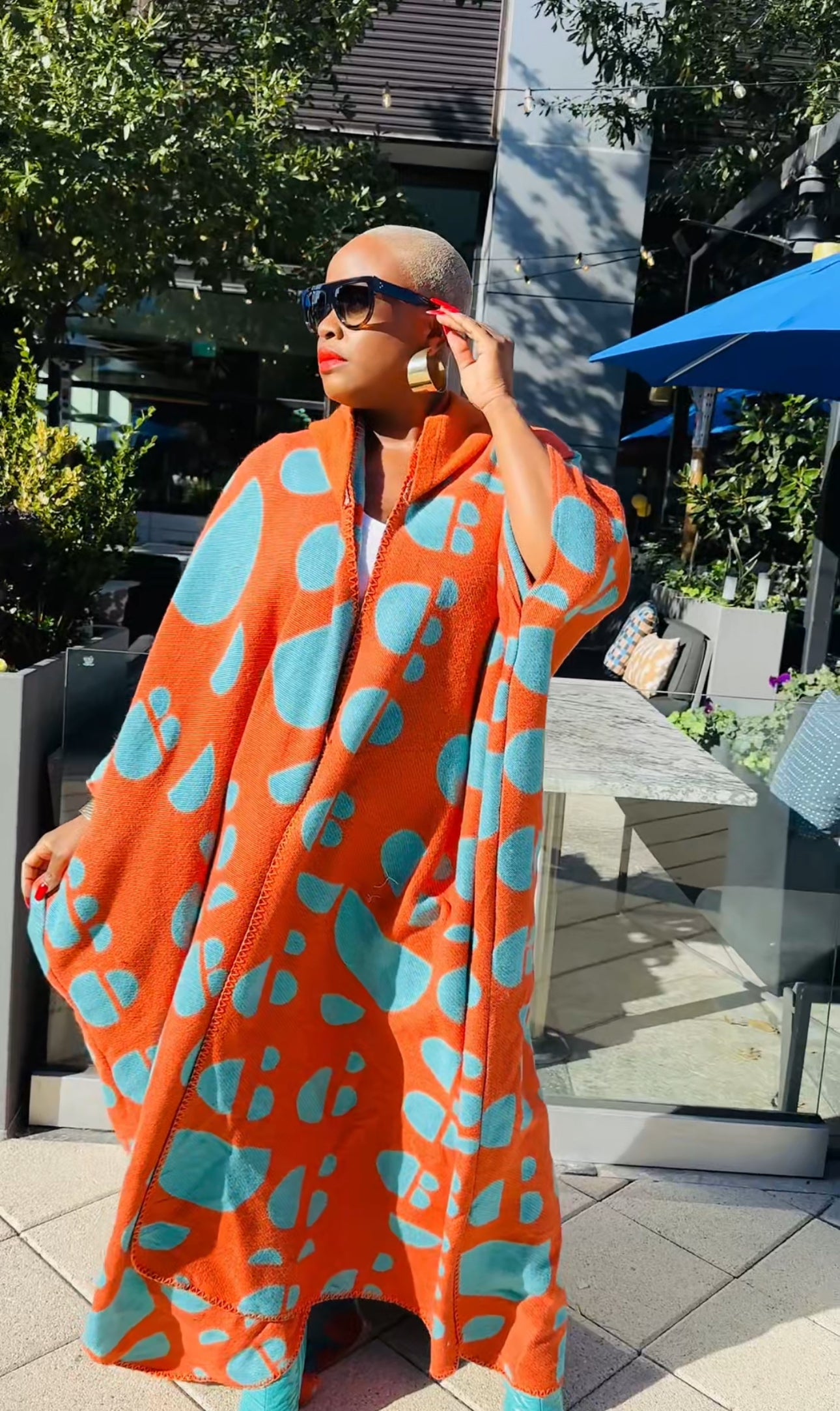 Hooded Oversized Open Front Winter Cardigan (Orange/Teal Spotted Print)--Will Ship The Week Of 4/28/25