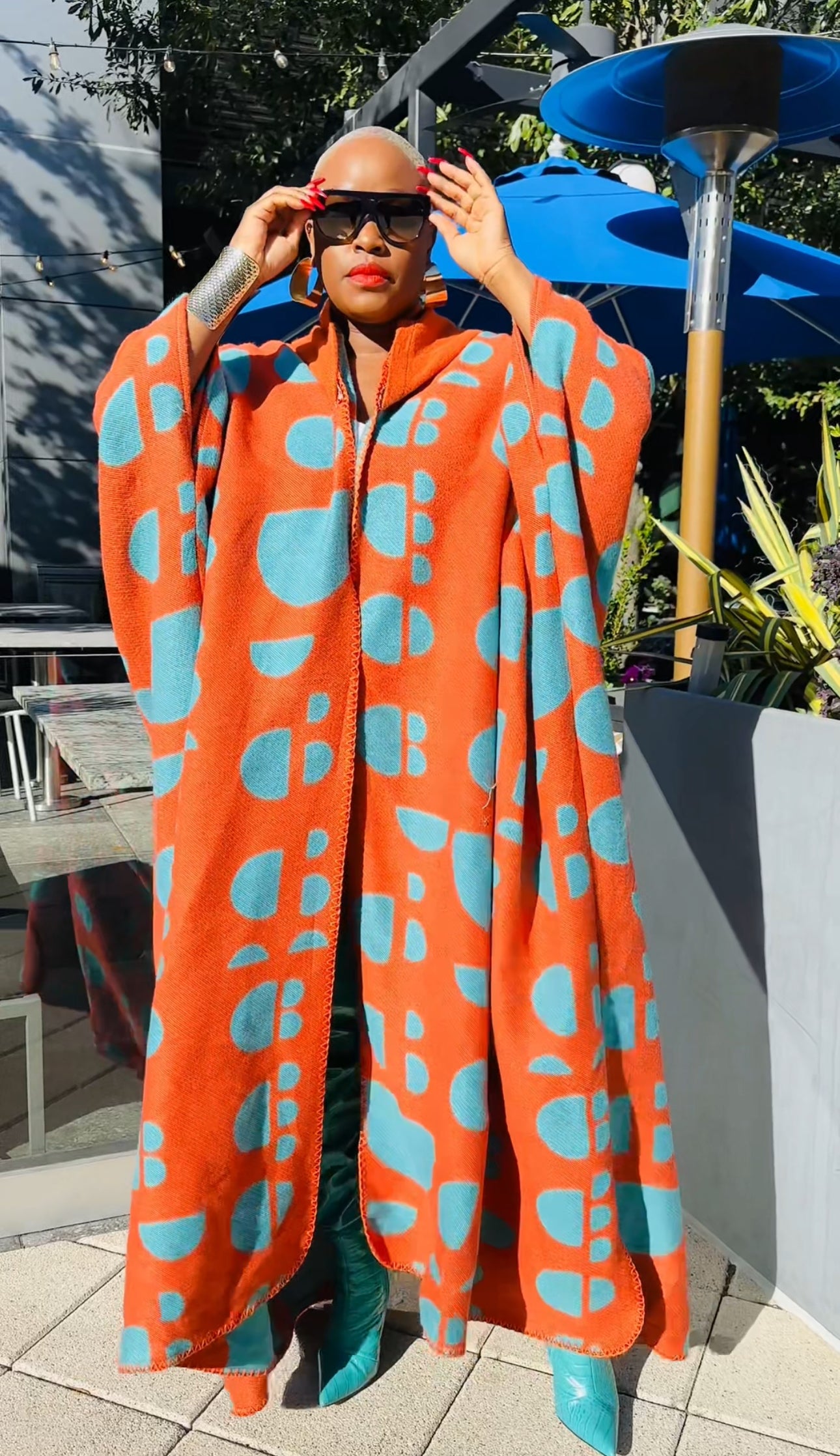 Hooded Oversized Open Front Winter Cardigan (Orange/Teal Spotted Print)--Will Ship The Week Of 4/28/25