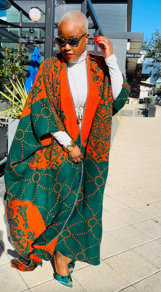Oversized Open Front Winter Cardigan (Orange/Hunter Green Damask Print)--Will Ship The Week Of 11/10/25