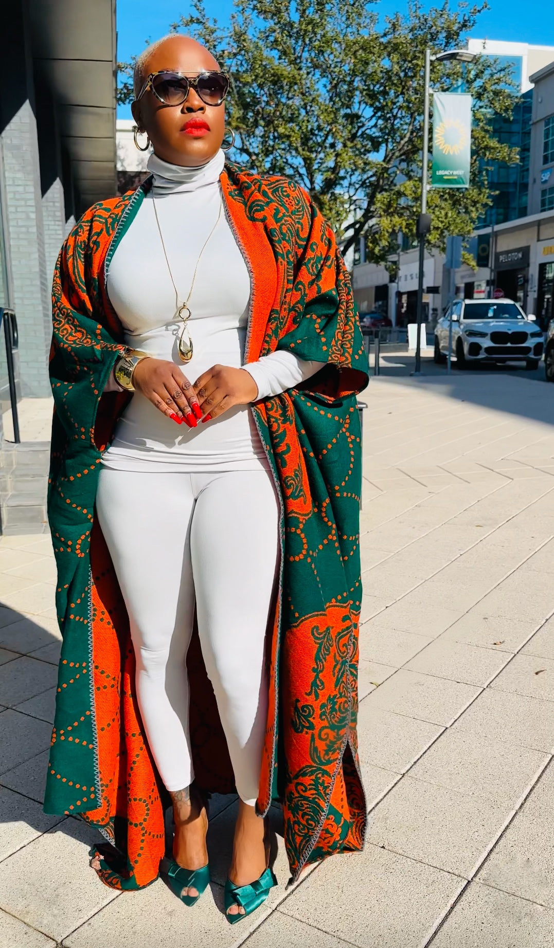 Oversized Open Front Winter Cardigan (Orange/Hunter Green Damask Print)--Will Ship The Week Of 4/28/25