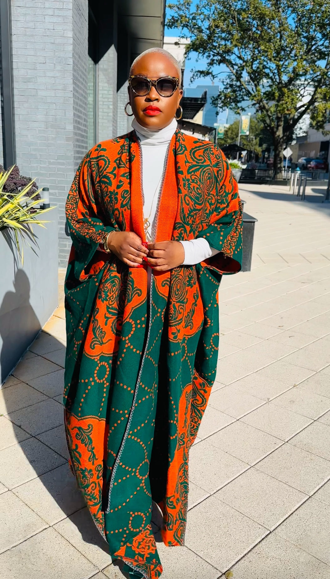 Oversized Open Front Winter Cardigan (Orange/Hunter Green Damask Print)--Will Ship The Week Of 4/28/25