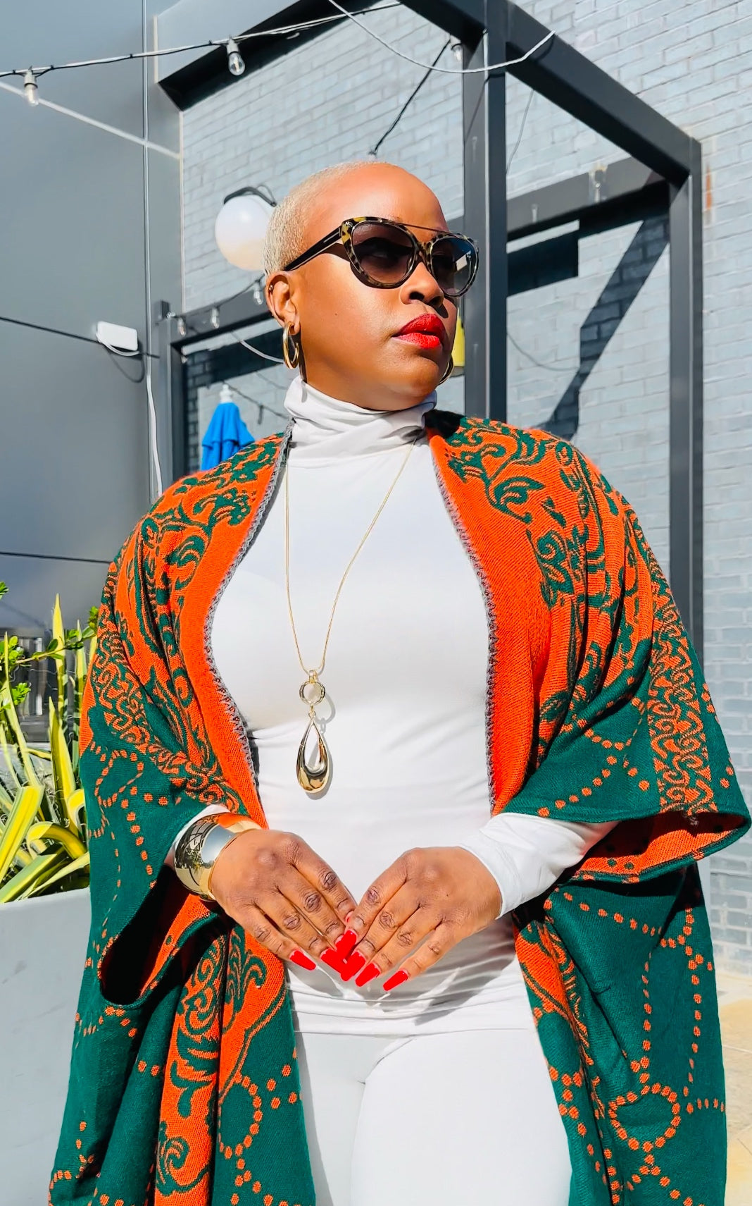 Oversized Open Front Winter Cardigan (Orange/Hunter Green Damask Print)--Will Ship The Week Of 4/28/25