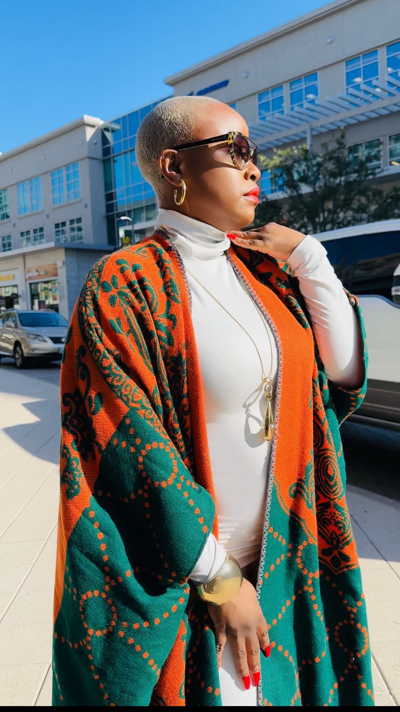 Oversized Open Front Winter Cardigan (Orange/Hunter Green Damask Print)--Will Ship The Week Of 4/28/25