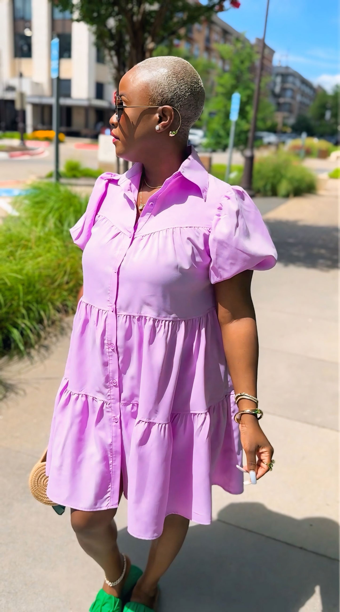 PLUS SIZE--Puff Sleeve Button Down Baby Doll Dress (Lilac) Will Ship The Week Of 7/27/26
