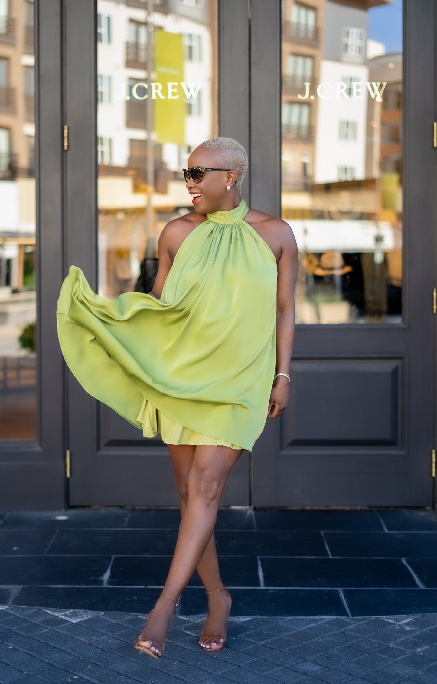 Mock Neck Halter Satin Mini Dress (Olive Green)