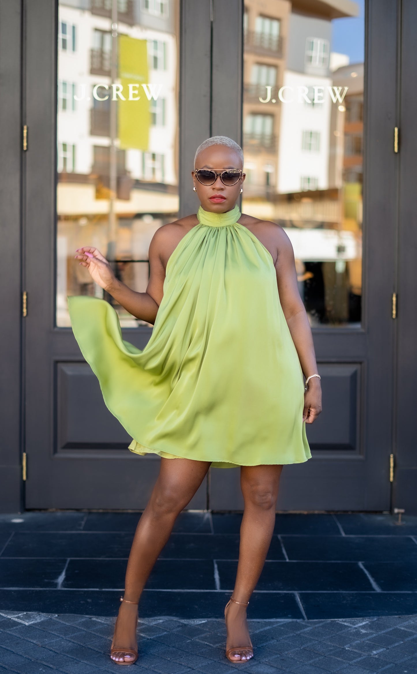 Mock Neck Halter Satin Mini Dress (Olive Green)
