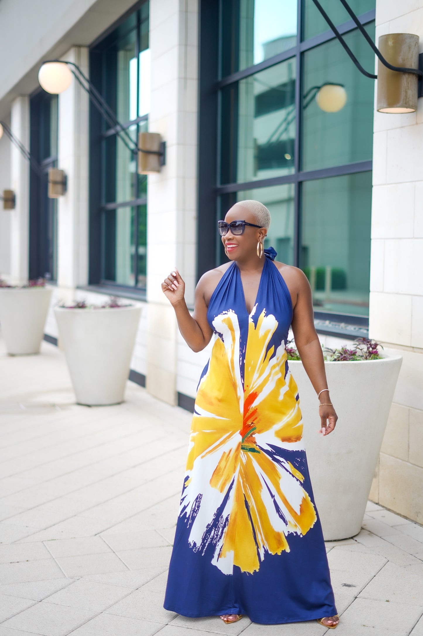 Painted Flower Halter Knit Maxi Dress