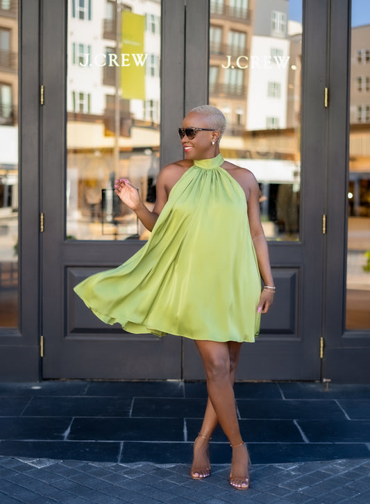 Mock Neck Halter Satin Mini Dress (Olive Green)