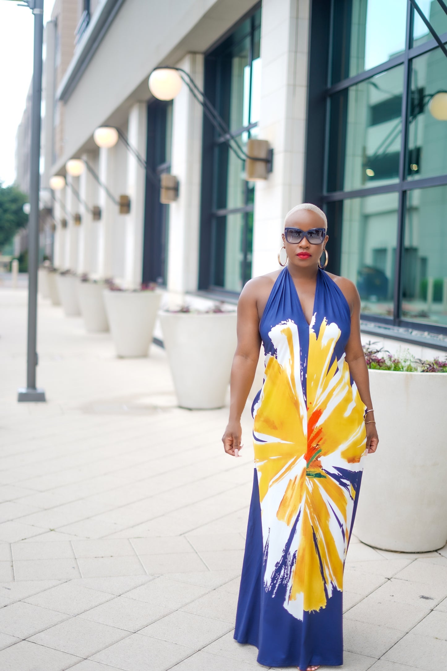 Painted Flower Halter Knit Maxi Dress