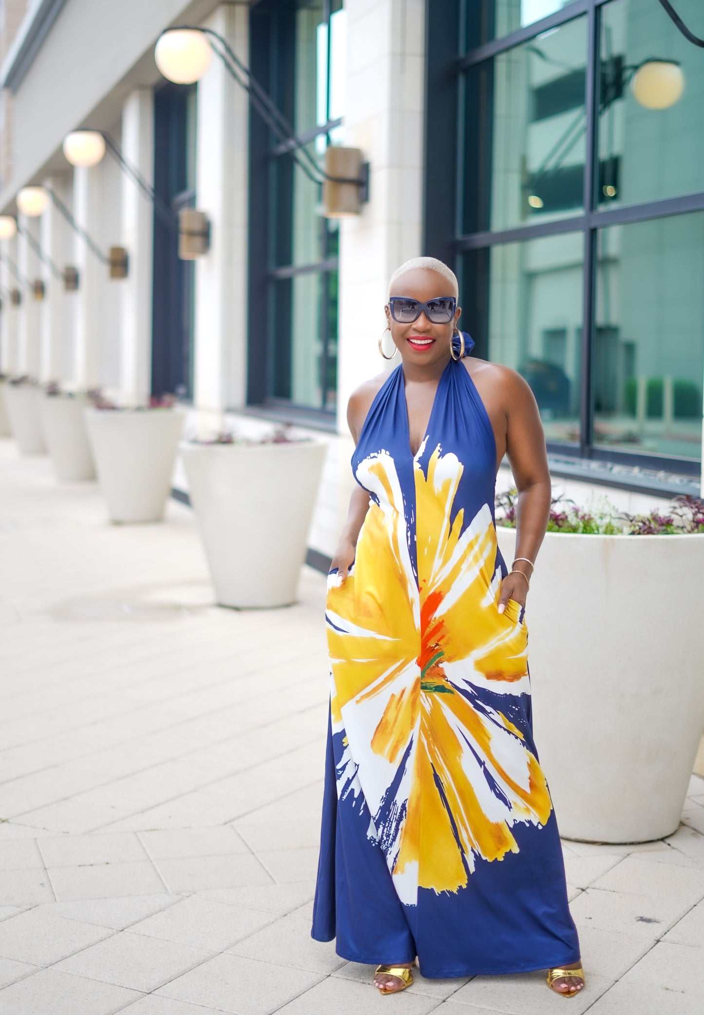 Painted Flower Halter Knit Maxi Dress