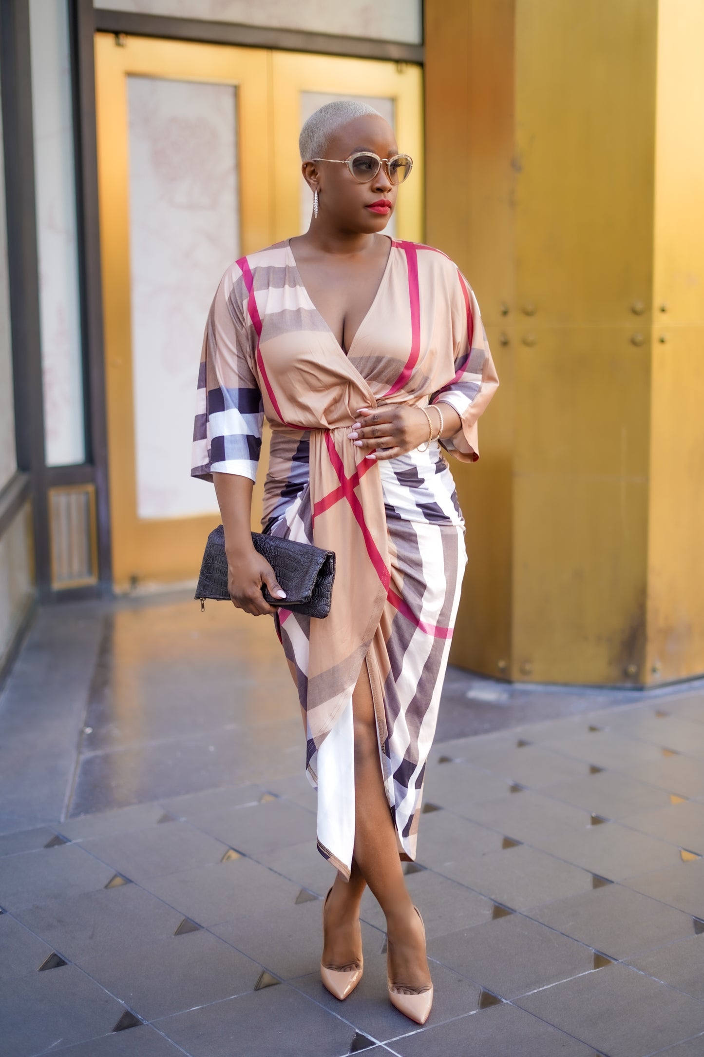 Plaid Print Ruched Knit Bodycon Dress