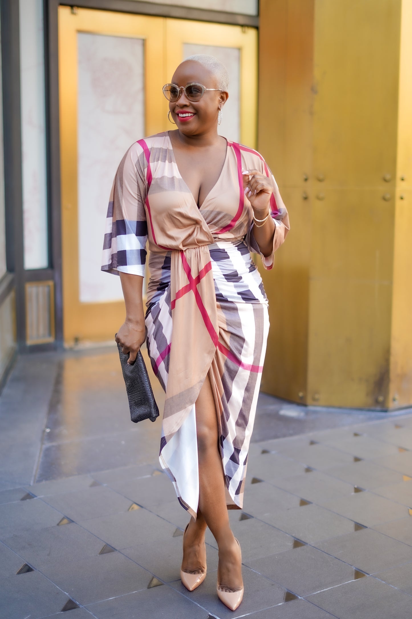 Plaid Print Ruched Knit Bodycon Dress