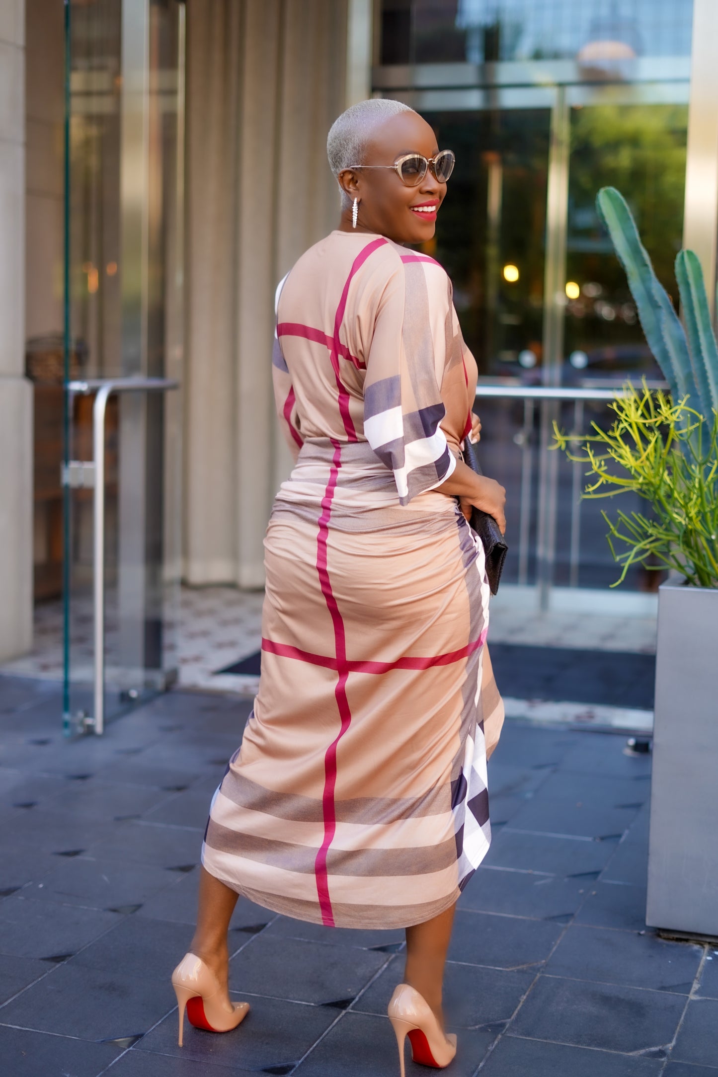 Plaid Print Ruched Knit Bodycon Dress