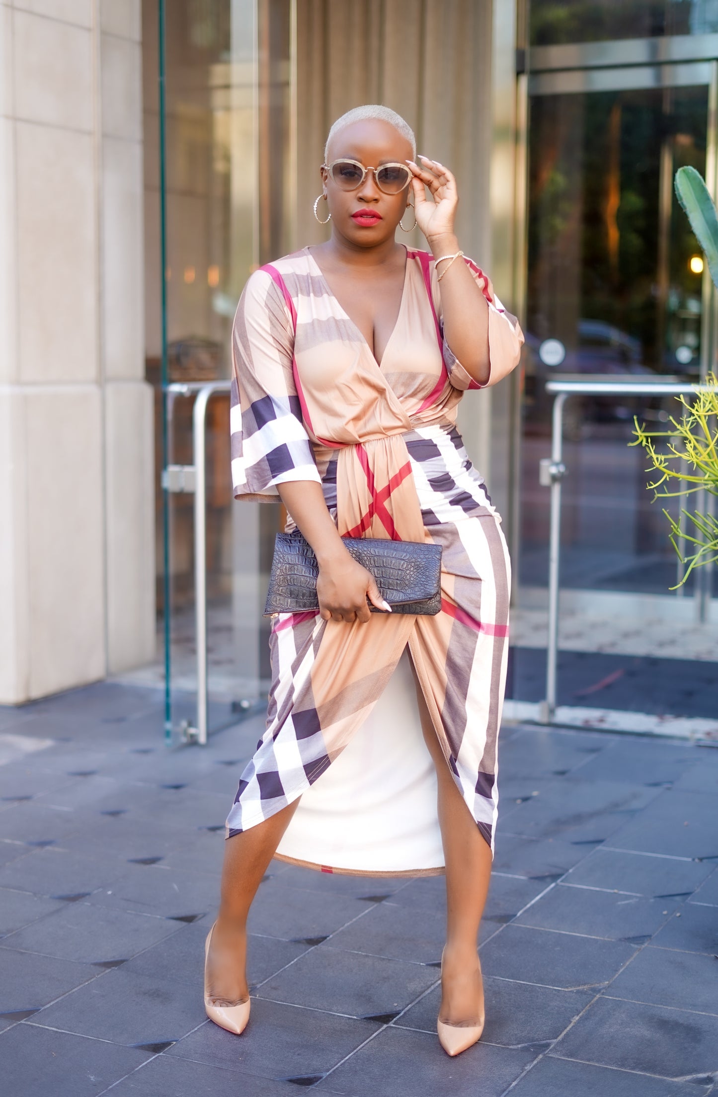 Plaid Print Ruched Knit Bodycon Dress