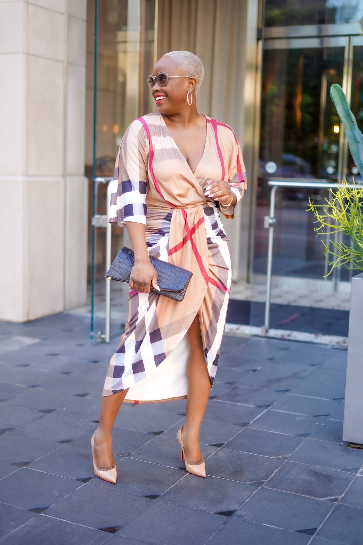 Plaid Print Ruched Knit Bodycon Dress