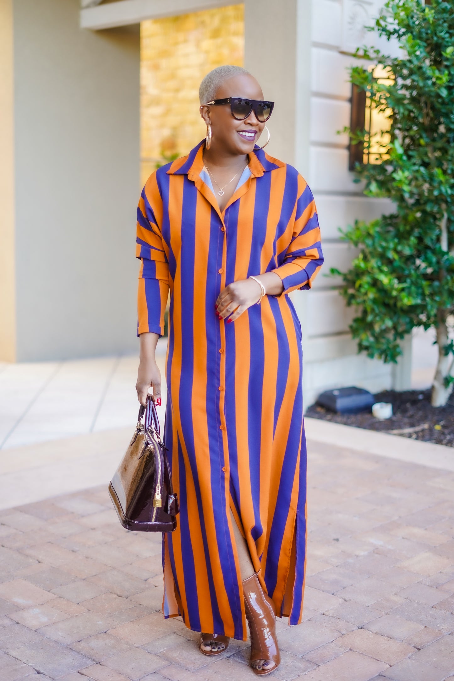 Navy Bronze Button Down Shirt Dress