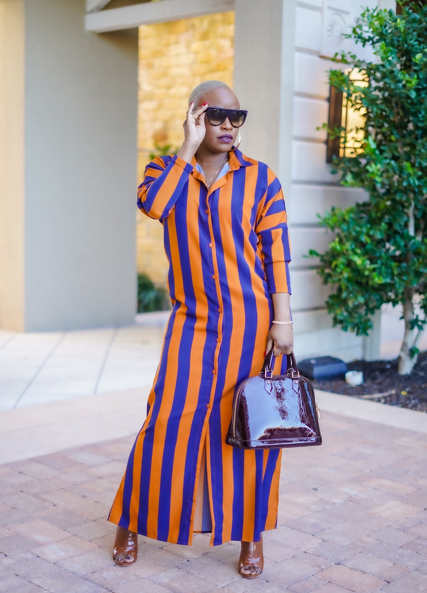 Navy Bronze Button Down Shirt Dress