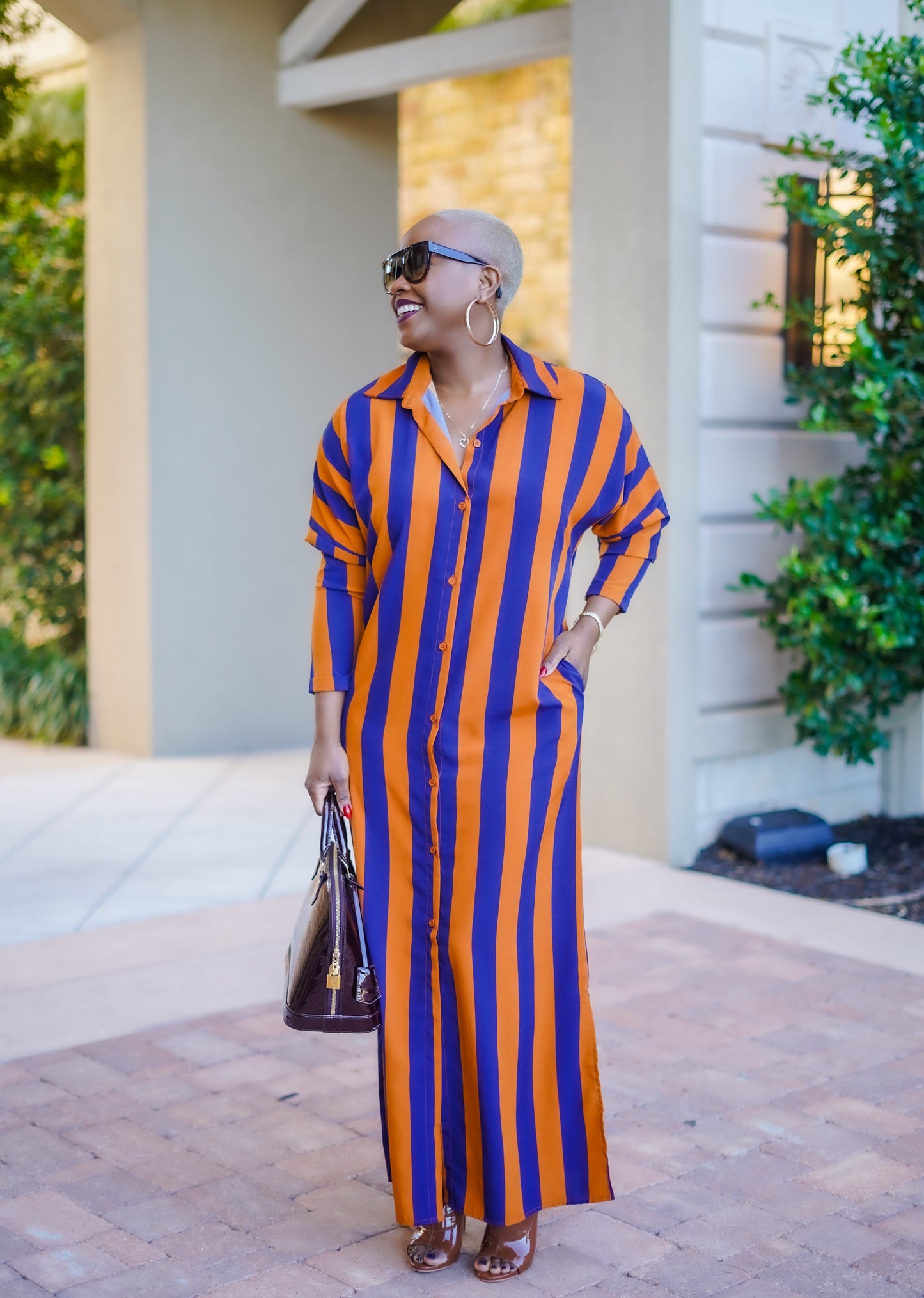 Navy Bronze Button Down Shirt Dress