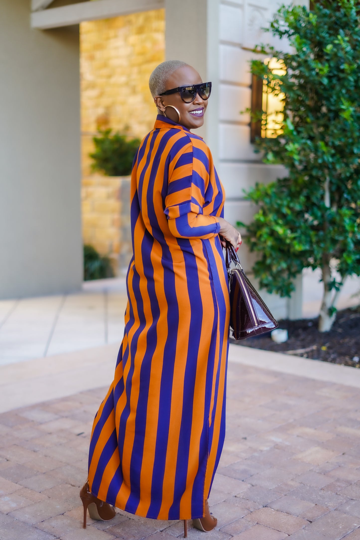 Navy Bronze Button Down Shirt Dress