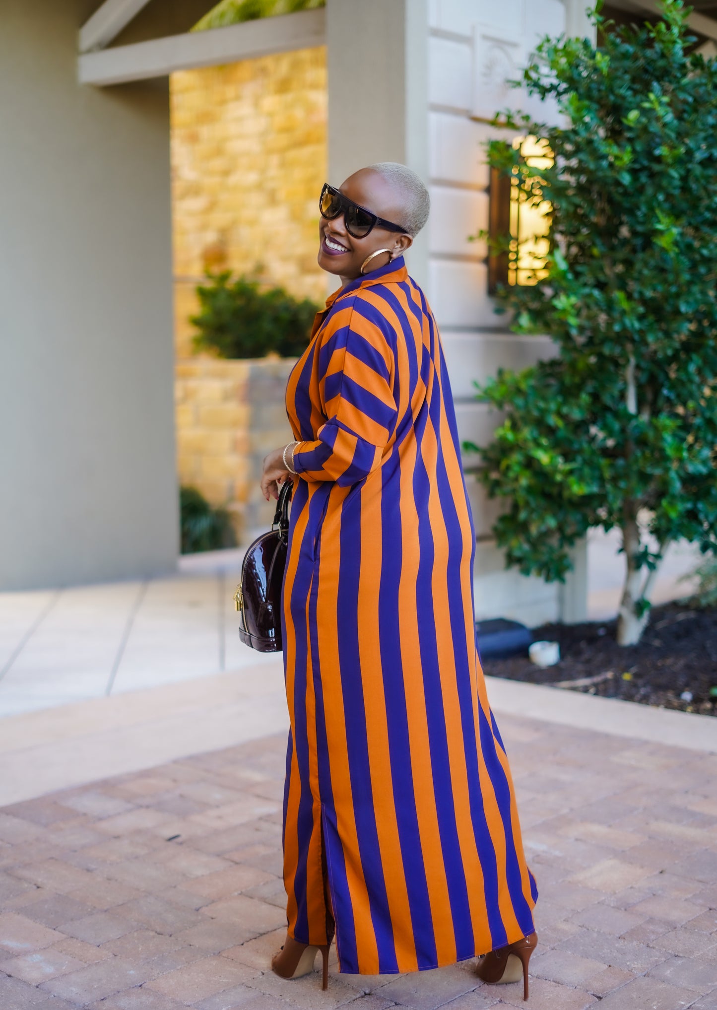 Navy Bronze Button Down Shirt Dress
