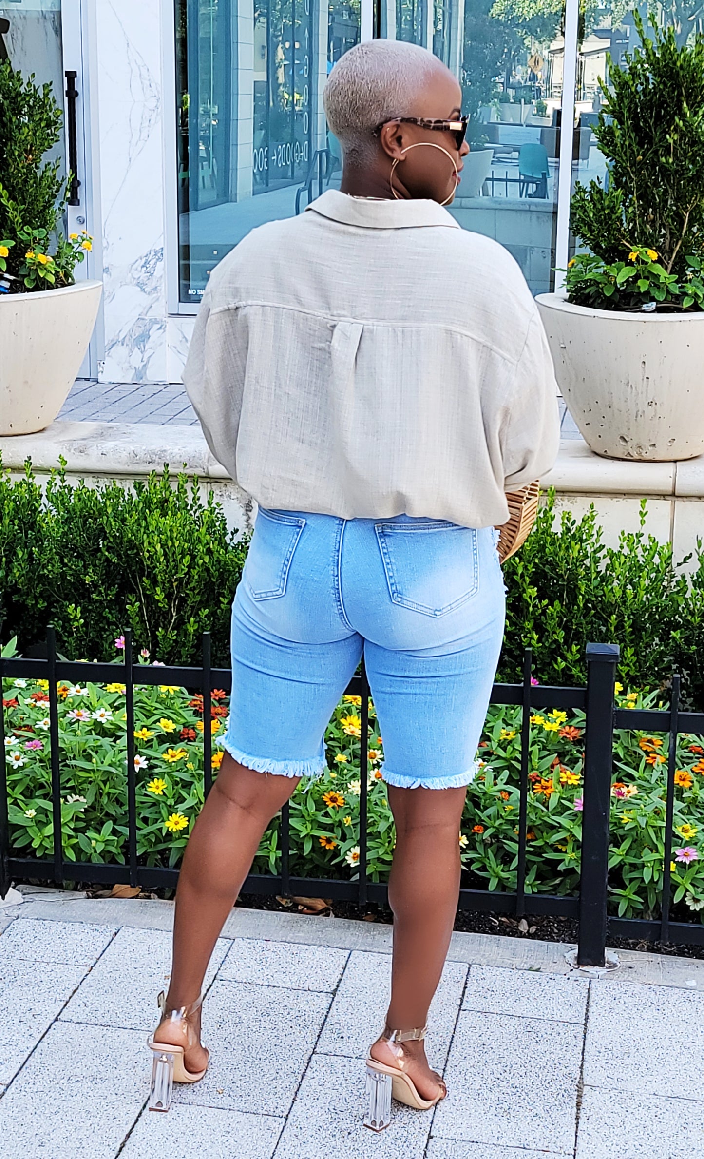High Waisted Distressed Denim Bermuda Shorts
