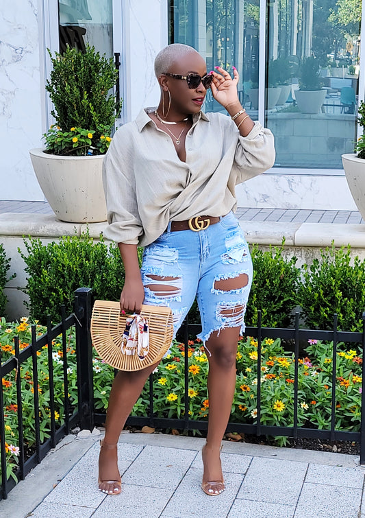 PLUS SIZE--High Waisted Distressed Denim Bermuda Shorts