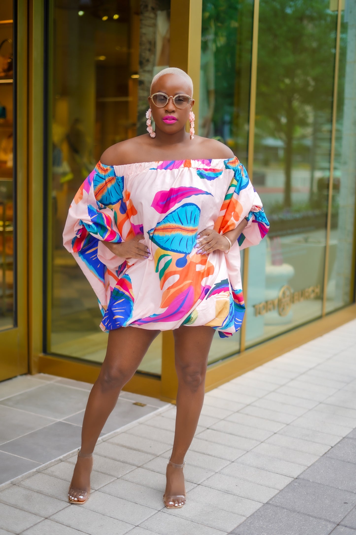 PLUS SIZE--Tropical Print Puff Sleeve Mini Dress—Will Ship The Week Of 11/10/25