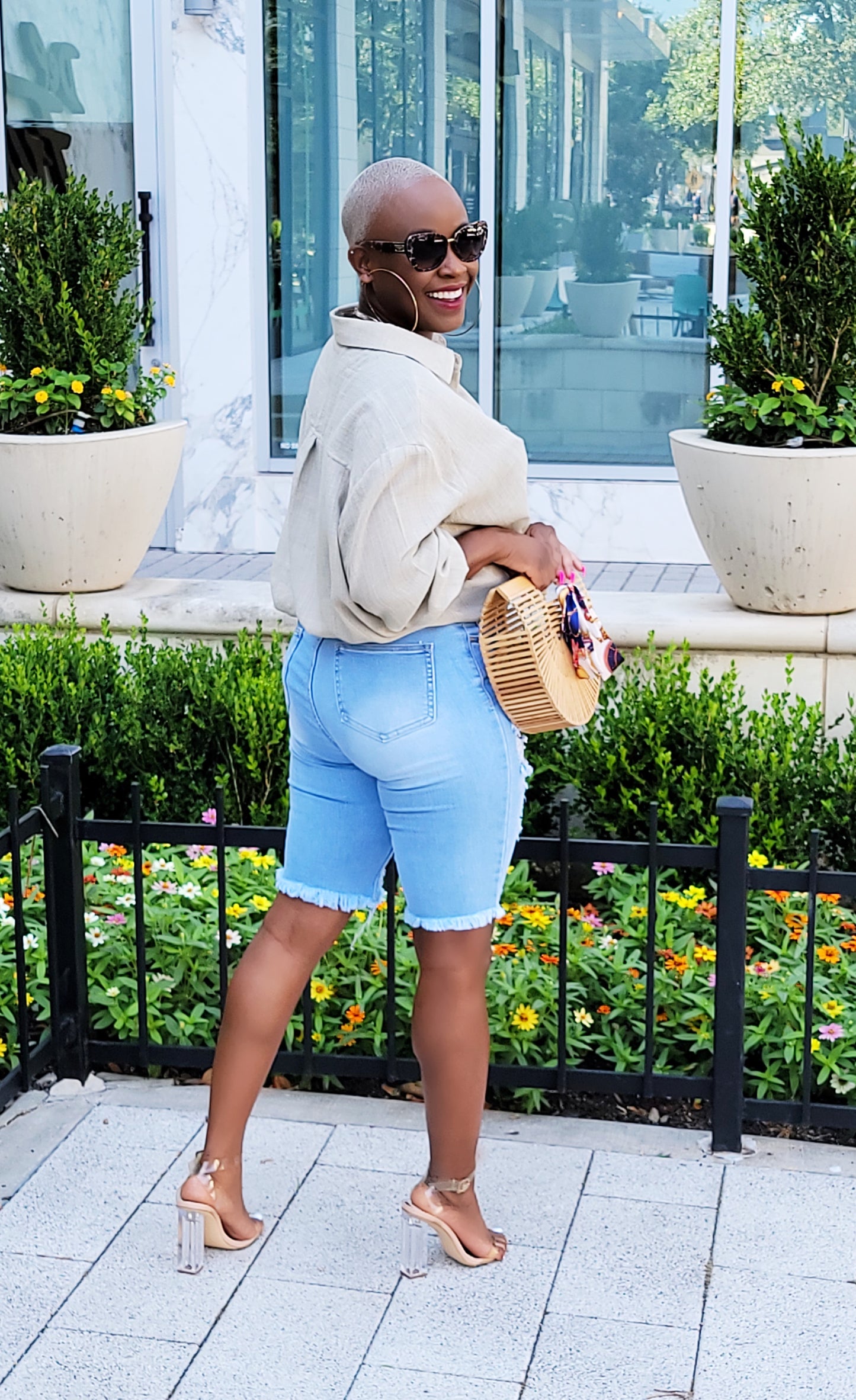 High Waisted Distressed Denim Bermuda Shorts
