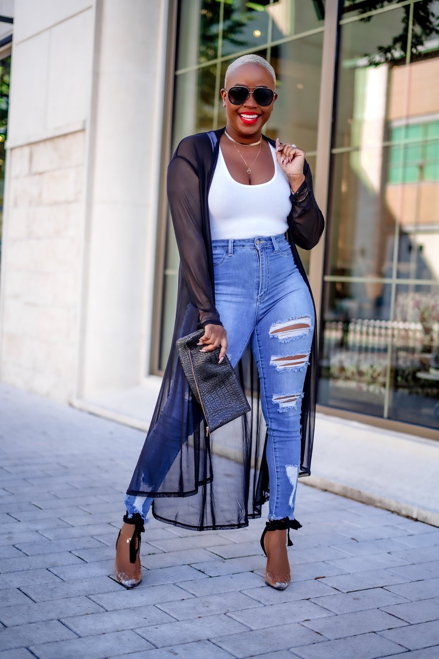 Sheer Open Front Cardigan (Black)