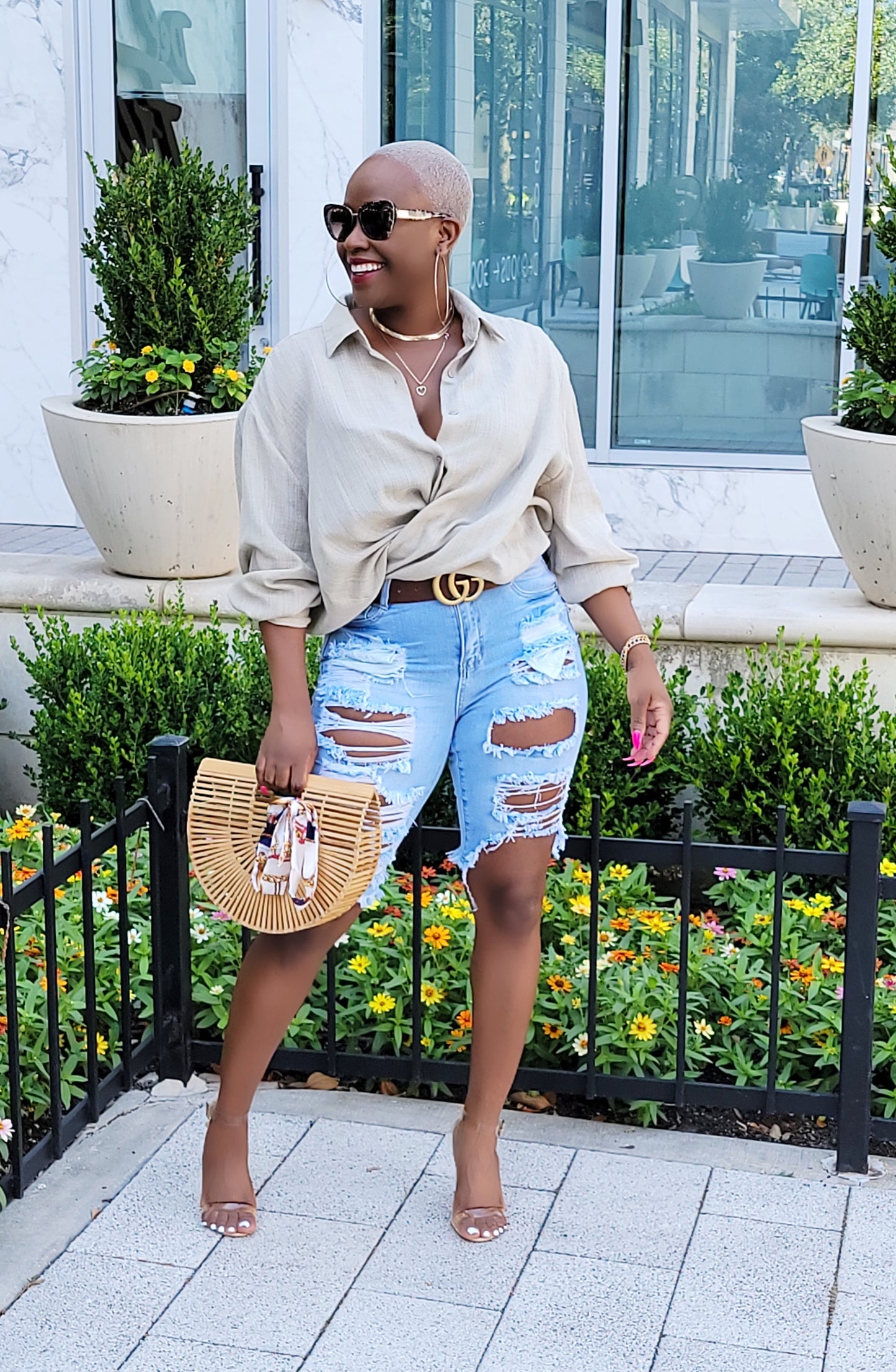 PLUS SIZE--High Waisted Distressed Denim Bermuda Shorts