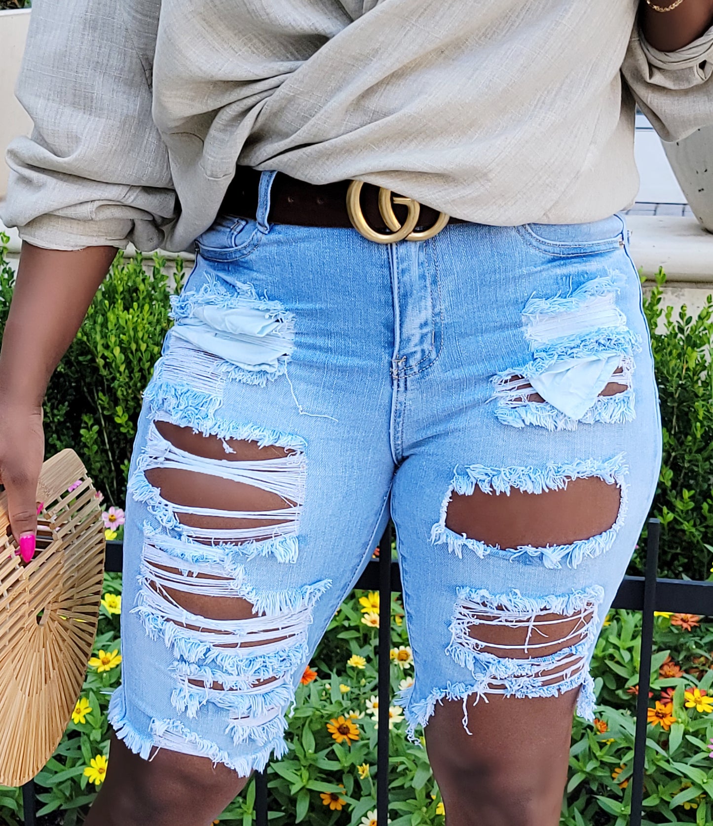 High Waisted Distressed Denim Bermuda Shorts