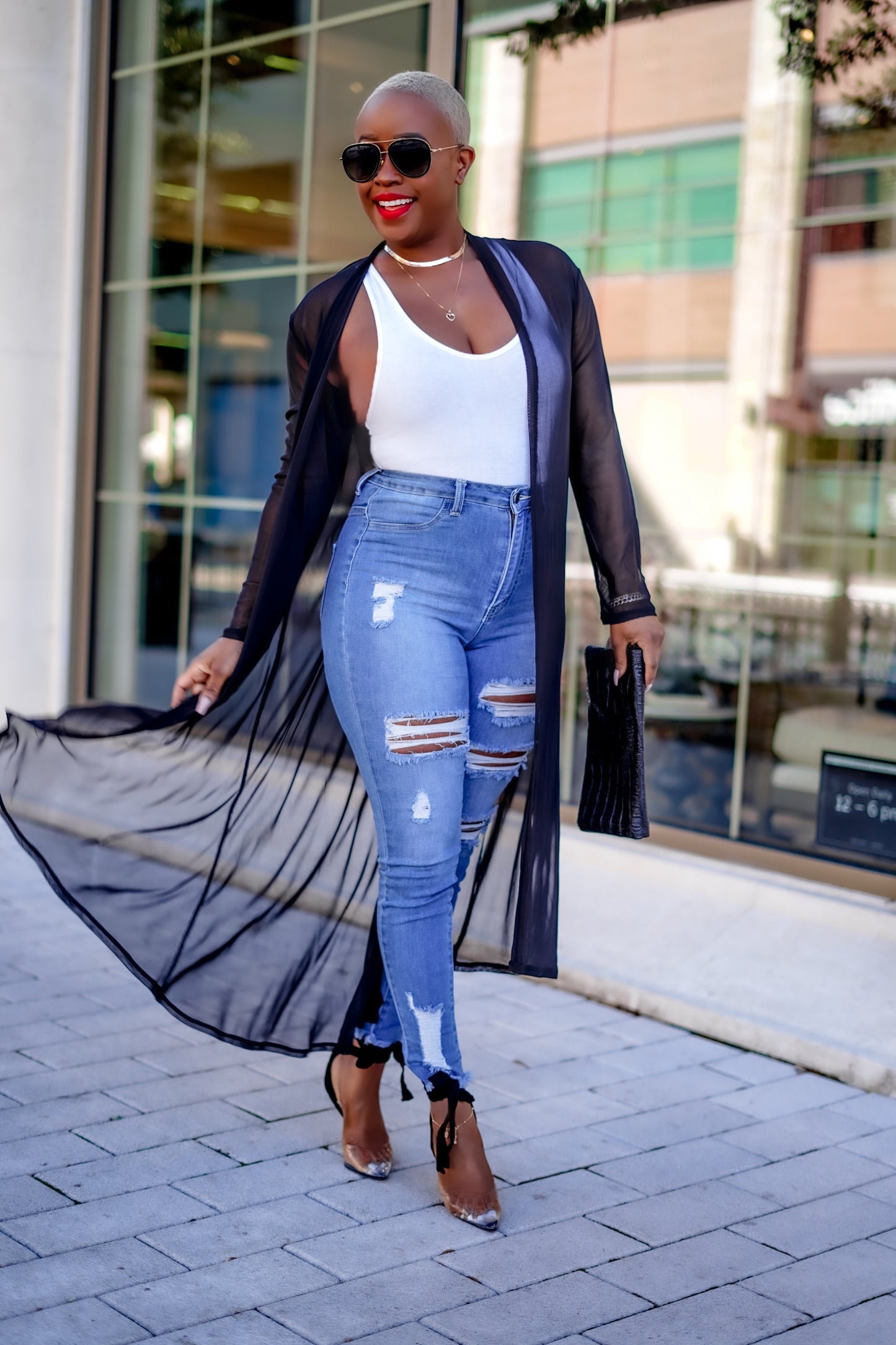 Sheer Open Front Cardigan (Black)