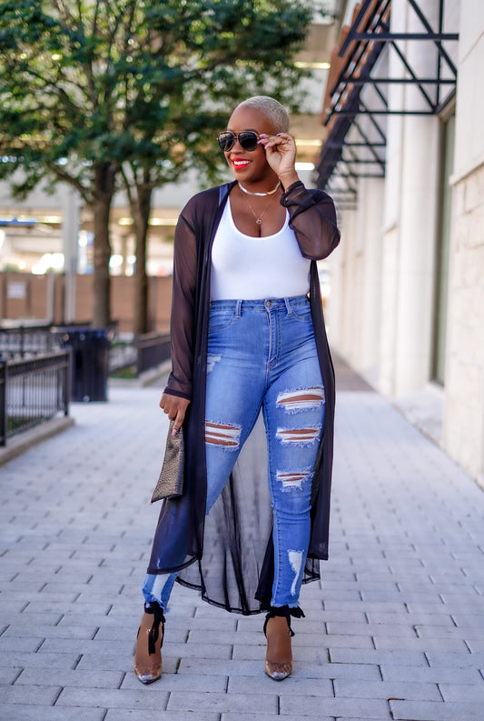 Sheer Open Front Cardigan (Black)