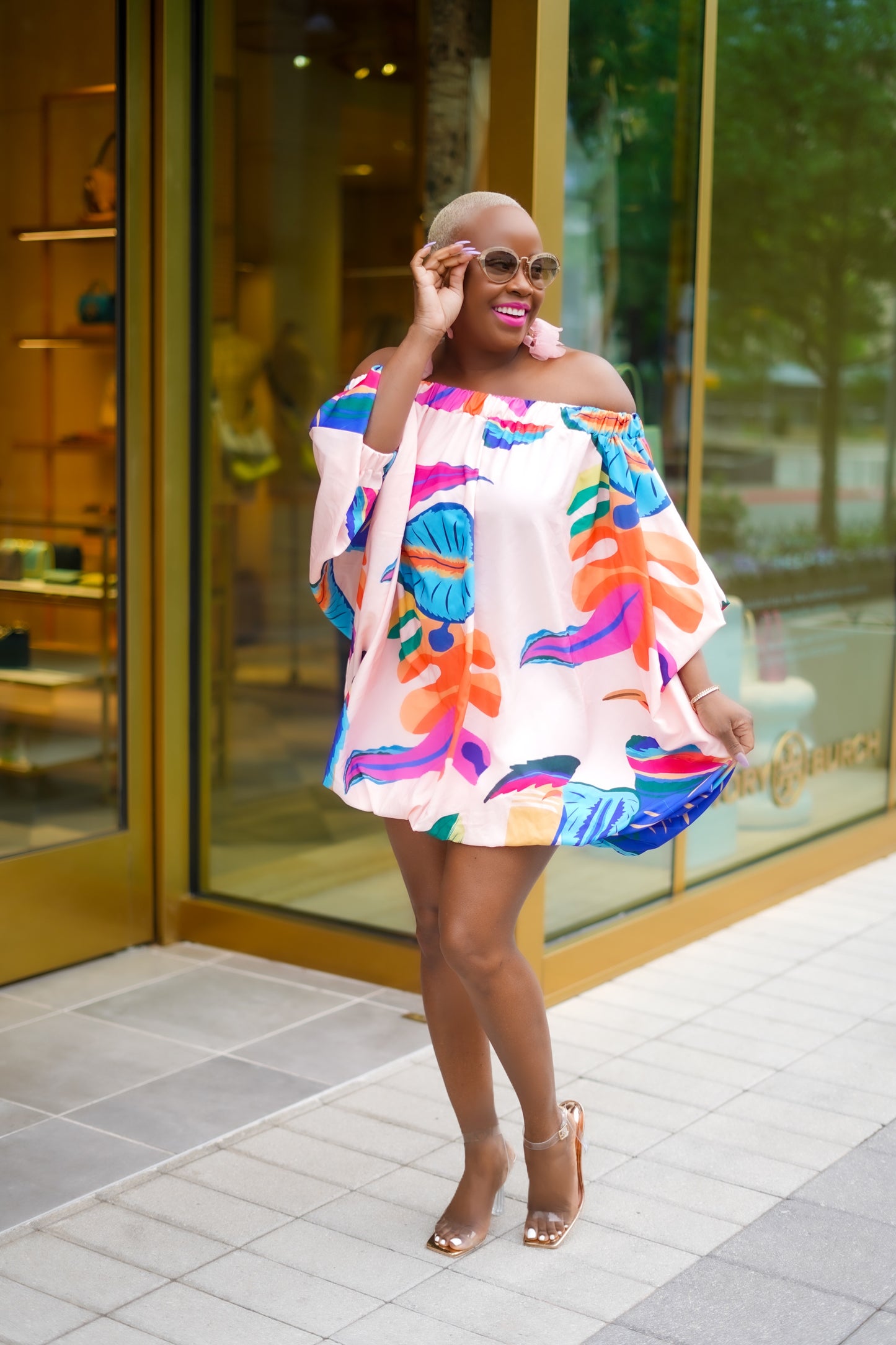 PLUS SIZE--Tropical Print Puff Sleeve Mini Dress—Will Ship The Week Of 11/10/25