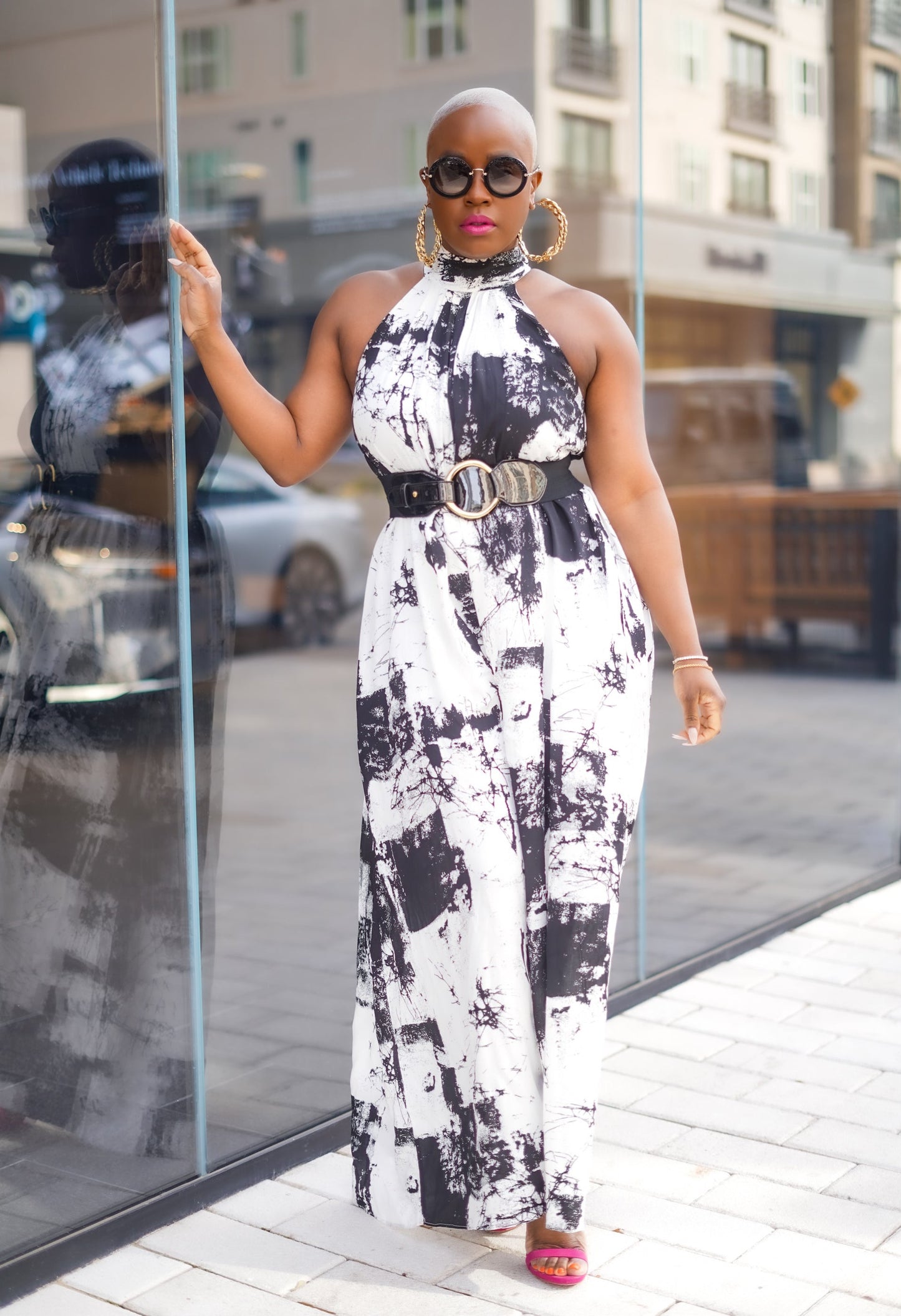 Black & White Tie Dye Mock Neck Jumpsuit